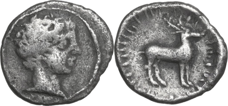 Greek Italy. Bruttium, Kaulonia. AR Diobol, 425-420 BC. Obv. Head of Apollo righ...