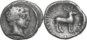 Greek Italy. Bruttium, Kaulonia. AR Diobol, 425-420 BC. Obv. Head of Apollo right, laureate. Rev. Stag standing right. HN Italy 2057; Noe, Caulonia 22...