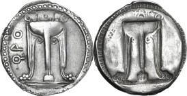 Greek Italy. Bruttium, Kroton. AR Stater, c. 530-500 BC. Obv. QPO. Tripod, legs surmounted by wreaths and terminating in lion's feet; two serpents ris...