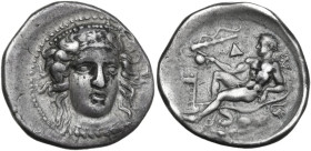 Greek Italy. Bruttium, Kroton. AR Nomos, c. 400-325 BC. Obv. Head of Hera Lakinia facing slightly right, wearing necklace and stephane decorated with ...