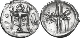 Greek Italy. Bruttium, Kroton. AR Triobol, c. 400-350 BC. Obv. KPO. Tripod; to right, leaf. Rev. Thunderbolt; star to left; to right, eagle standing r...