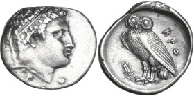 Greek Italy. Bruttium, Kroton. AR Octobol(?), first half of third cent BC. (reduced standard). Obv. [K]PO. Male head right, beardless and wearing taen...
