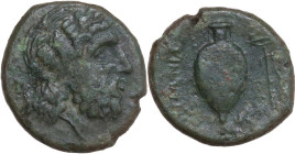 Greek Italy. Bruttium, Hipponium. AE 20 mm, c. 350-280 BC. Obv. [ΔΙΟΣ]. Laureate head of Zeus right. Rev. ΕΙΠΩΝΙEΩΝ. Amphora; kerykeion to right. HN I...