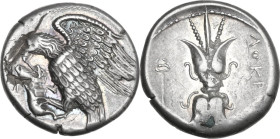 Greek Italy. Bruttium, Locri. AR Stater, circa 300-280 BC. Obv. Eagle standing left, grasping dead hare in talons. Rev. ΛΟΚΡΩΝ. Winged thunderbolt; ca...