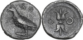 Greek Italy. Bruttium, Locri. AR Diobol, c. 350-300 BC. Obv. ΛO. Eagle standing left. Rev. Thunderbolt between two annulets. HN Italy 2332; HGC 1 1571...