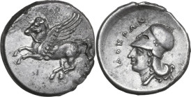Greek Italy. Bruttium, Locri. AR Stater, c. 350-275 BC. Obv. Pegasos flying left. Rev. ΛOKPΩN. Head of Athena left, wearing Corinthian helmet. HN Ital...
