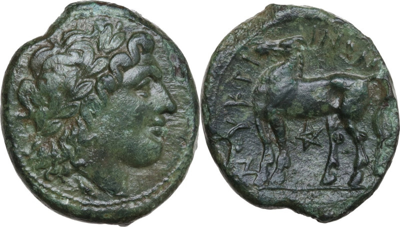 Greek Italy. Bruttium, Nuceria. AE 23 mm, 225-200 BC. Obv. Laureate head of Apol...