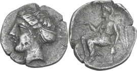 Greek Italy. Bruttium, Terina. AR Triobol, 420-400 BC. Obv. Head of nymph left. Rev. Nike seated left on cippus, holding wreath. HN Italy 2624; HGC 1 ...