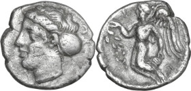 Greek Italy. Bruttium, Terina. AR Diobol, c. 420-400 BC. Obv. Head of nymph Terina left. Rev. Nike flying left, holding palm branch. HN Italy 2625; Ho...