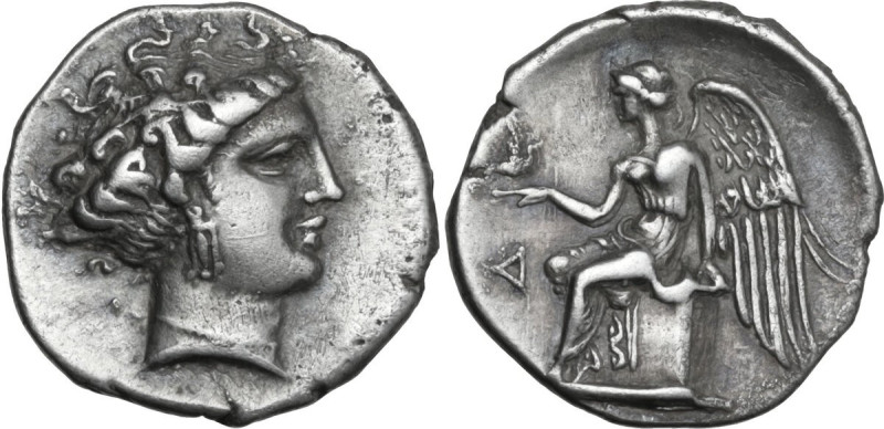 Greek Italy. Bruttium, Terina. AR Drachm, c. 350-300 BC. Obv. Head of nymph righ...