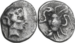 Greek Italy. Bruttium, Terina. AR Obol, c. 350-300 BC. Obv. Female head right. Rev. Crab grasping serpent(?). HN Italy 2640; Cf. Holloway and Jenkins ...