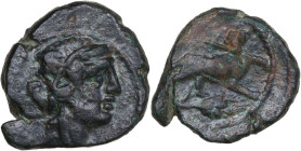 Greek Italy. Central Italy, uncertain mint. Capua or Minturnae(?). AE 22 mm. late 90s-early 80s BC. Obv. Head of Dionysos right, wearing ivy wreath. R...