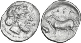 Sicily. Abakainon. AR Litra, c. 430-420 BC. Obv. Laureate and bearded male head right. Rev. ABAK. Sow standing left; before, acorn. HGC 2 15; Campana ...