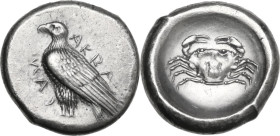 Sicily. Akragas. AR Didrachm, c. 485-480/78 BC. Obv. AKPA / CAN. Sea-eagle standing left. Rev. Crab within shallow incuse circle. HGC 2 94; SNG ANS 93...