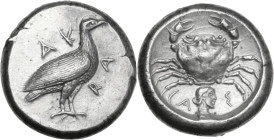 Sicily. Akragas. AR Didrachm, c. 478-470 BC. Obv. AK-RA. Eagle standing right. Rev. Crab; below, CA-Σ flanking male head right. HGC 2 97; SNG Ashmolea...