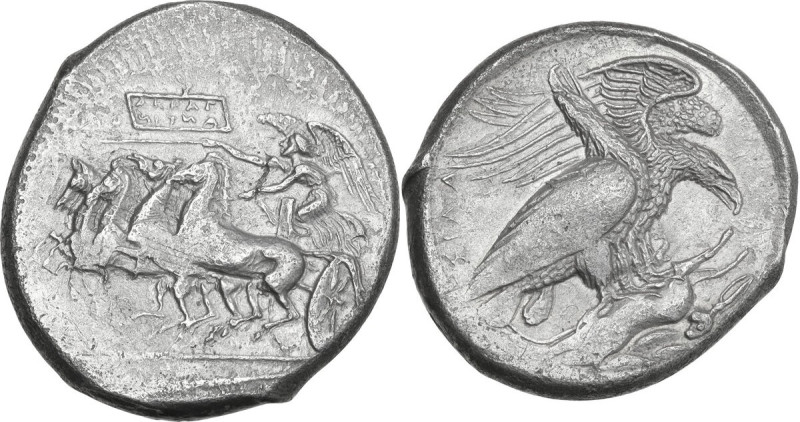 Sicily. Akragas. AR Tetradrachm. Silanos, magistrate, c. 407 BC. Obv. Nike, hold...