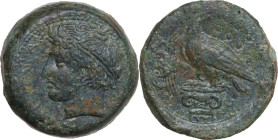 Sicily. Akragas. AE Hemilitron, c. 400-380 BC. Obv. ΑΚΡΑΓΑΣ. Horned head of young river god Akragas left, wearing tainia. Rev. Eagle standing left, he...