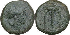 Sicily. Ameselon. AE 26 mm, c. 343-339 BC. Obv. Head of Athena right, wearing crested Corinthian helmet. Rev. Filleted tripod. HGC 2 224; CNS III 1; C...