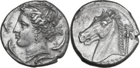 Sicily. Entella. Punic issues. AR Tetradrachm, c. 320/315-305/300 BC. Obv. Head of Arethousa left, wearing wreath of grain ears, triple-pendant earrin...