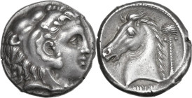 Sicily. Entella. Punic issues. AR Tetradrachm, c. 300-289 BC. Obv. Head of youthful Herakles right, wearing lion's skin. Rev. Head of horse left; palm...