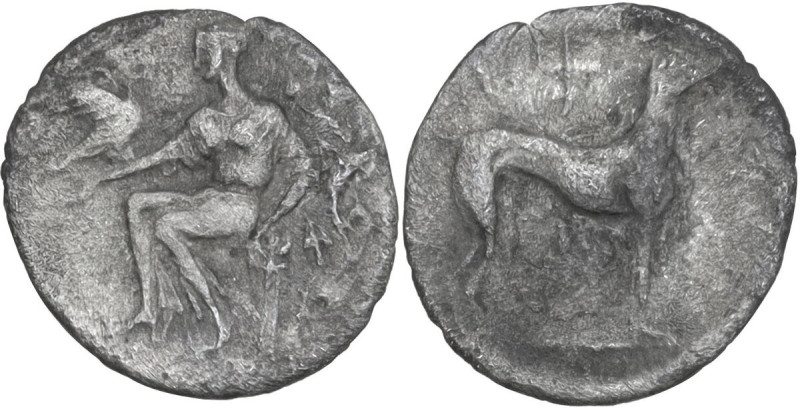Sicily. Eryx. AR Litra, 409-398 BC. Obv. Aphrodite seated left, holding dove; iv...
