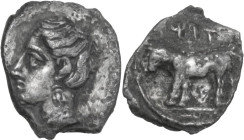 Sicily. Eryx. AR Litra, 400-380 BC. Obv. Head of nymph(?) left. Rev. Man-headed bull standing left; above, Punic 'ARK'. HGC 2 324; SNG ANS 1348; Campa...