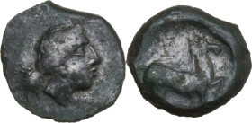 Sicily. Eryx. AE 16 mm, c. 4th century BC. Siculo-Punic coinage. Obv. Female head right. Rev. Anepigraphic. Horse prancing right. HGC 2 326; CNS I 17;...