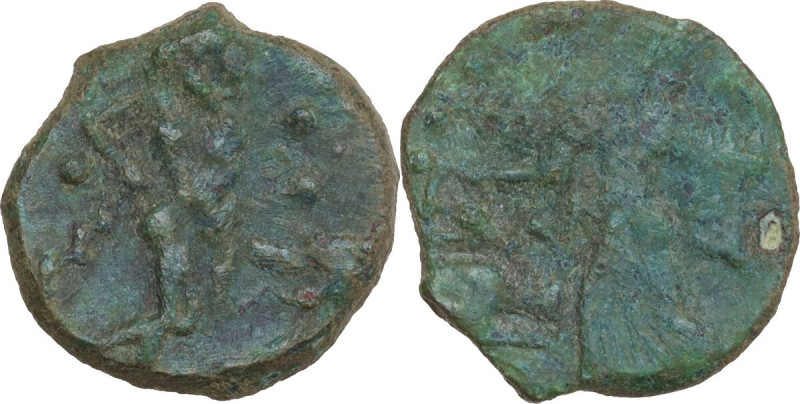 Sicily. Halykiai. AE Tetras or Trionkion, c. 400-397 BC. Obv. Nymph standing lef...