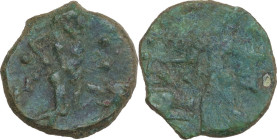 Sicily. Halykiai. AE Tetras or Trionkion, c. 400-397 BC. Obv. Nymph standing left, sacrificing over hound's head; fern or palm branch to right; three ...
