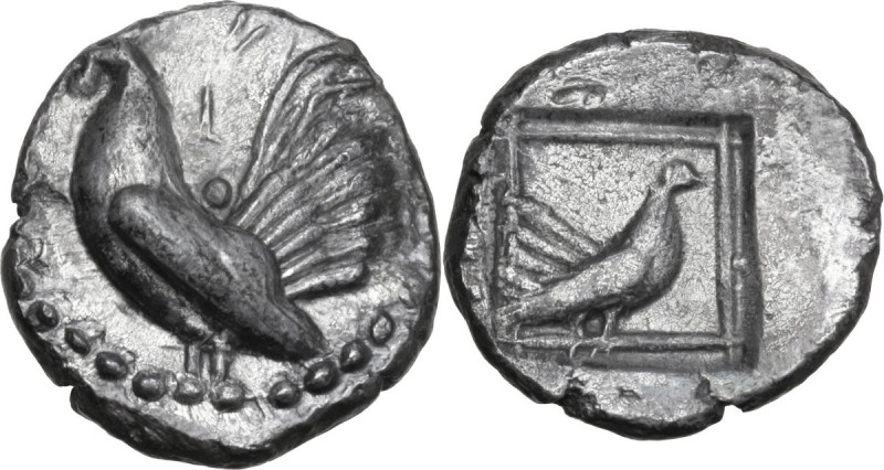 Sicily. Himera. AR Drachm, c. 500-482 BC. Obv. Cock standing left; border of dot...
