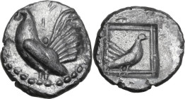 Sicily. Himera. AR Drachm, c. 500-482 BC. Obv. Cock standing left; border of dots. Rev. Hen standing right in segmented square within incuse square. H...