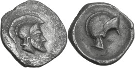 Sicily. Himera. AR Litra, c. 450-440 BC. Obv. Male head right, bearded and helmeted. Rev. Helmet without crest, decorated with volute. HGC 2 446; SNG ...