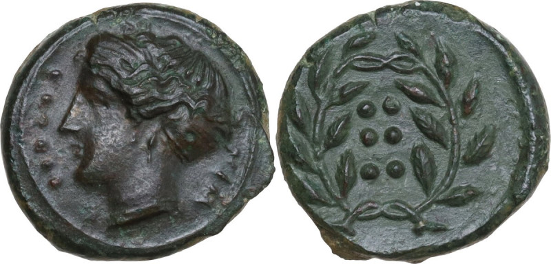 Sicily. Himera. AE Hemilitron, c. 415-409 BC. Obv. IM-E. Head of nymph left; six...