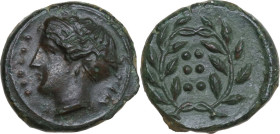 Sicily. Himera. AE Hemilitron, c. 415-409 BC. Obv. IM-E. Head of nymph left; six pellets before. Rev. Six pellets within wreath. CNS I 35; HGC 2 479. ...
