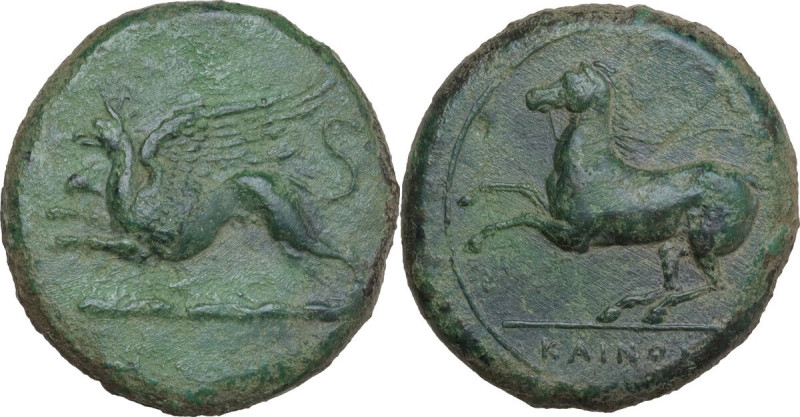 Sicily. Kainon. AE 22 mm, c. 360-340 BC. Obv. Griffin springing left above cloud...