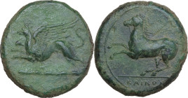 Sicily. Kainon. AE 22 mm, c. 360-340 BC. Obv. Griffin springing left above clouds. Rev. Horse prancing left, trailing reins; in exergue, KAINO[N]. HGC...