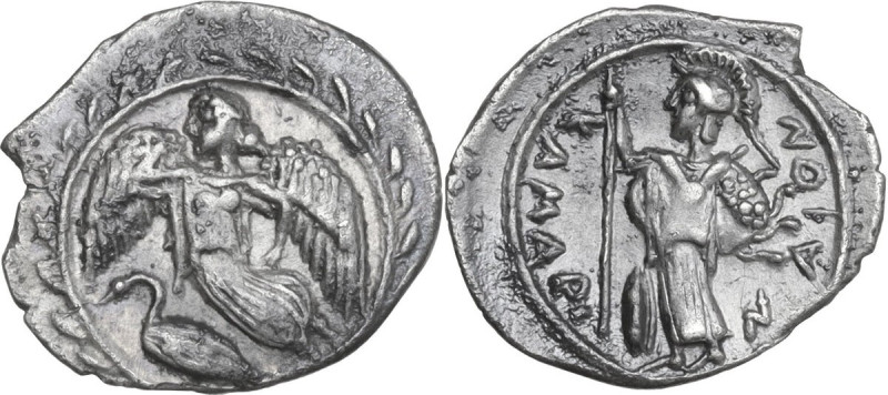 Sicily. Kamarina. AR Litra, c. 461-435 BC. Obv. Nike flying left; below, swan; a...