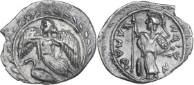 Sicily. Kamarina. AR Litra, c. 461-435 BC. Obv. Nike flying left; below, swan; all within wreath. Rev. KAMARI-NAION. Helmeted Athena standing left, ho...
