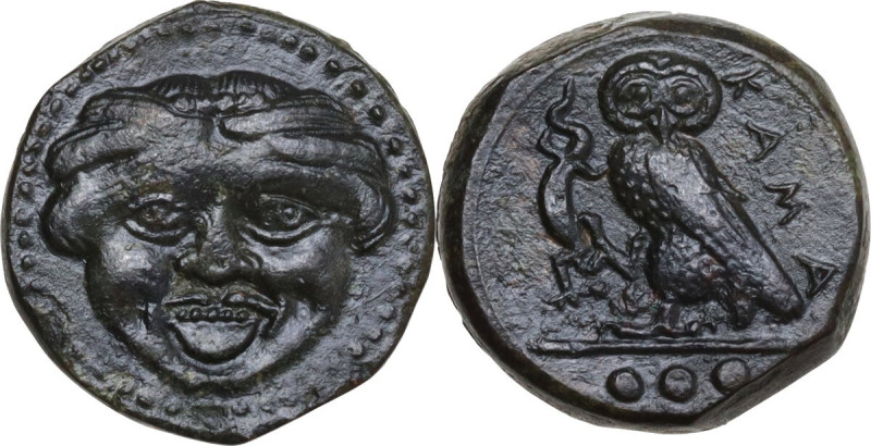 Sicily. Kamarina. AE Tetras, 425-405 BC. Obv. Gorgoneion. Rev. KAMA. Owl standin...