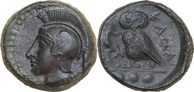 Sicily. Kamarina. AE Tetras or Trionkion, c. 410-405 BC. Obv. Head of Athena left, wearing crested Corinthian helmet decorated with a wing. Rev. KAMA....