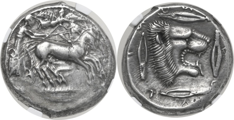 Sicily. Leontini. AR Tetradrachm, c. 476-466 BC. Obv. Charioteer driving fast qu...