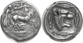 Sicily. Leontini. AR Tetradrachm, c. 476-466 BC. Obv. Charioteer driving fast quadriga right; above, Nike flying right, crowning horses. Rev. ΛΕΟΝΤΙΝΟ...