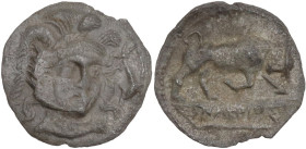 Sicily. Morgantina. AR Litra, c. 339-317 BC. Egnakios, magistrate. Obv. Head of Athena three quarters facing right, wearing triple crested helmet; to ...