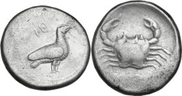 Sicily. Motya. AR Tetradrachm, c. 405-400 BC. Obv. Eagle standing right with wings folded; MṬV’ (in Punic) above. Rev. Crab within shallow circular in...