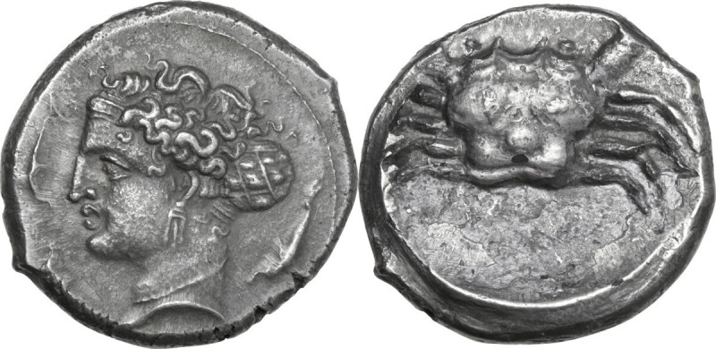Sicily. Motya. AR Tetradrachm, c.405-397 BC. Obv. Head of Arethusa left, wearing...