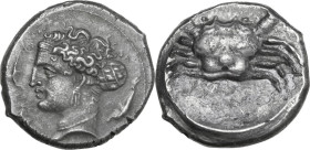 Sicily. Motya. AR Tetradrachm, c.405-397 BC. Obv. Head of Arethusa left, wearing ampyx and sphendone, triple-pendant earring and pearl necklace; aroun...