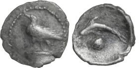Sicily. Motya. AR Litra, c. 425-410 BC. Obv. Eagle standing left. Rev. Dolphin swimming left; scallop shell below. HGC 2 933; Campana -; SNG Lockett 7...