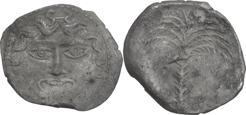 Sicily. Motya. AR Litra, c. 405-397 BC. Obv. Facing gorgoneion. Rev. Punic mṭv’ ...