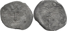 Sicily. Motya. AR Litra, c. 405-397 BC. Obv. Facing gorgoneion. Rev. Punic mṭv’ across field. Palm tree. HGC 2 936; Campana 15. AR. 0.60 g. 14.00 mm. ...