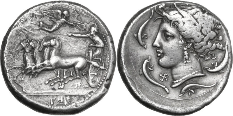 Sicily. Panormos as Ziz. AR Tetradrachm, c. 340 BC. Obv. Charioteer, holding ken...
